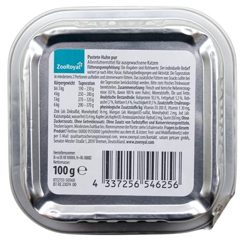 ZooRoyal Katzenfutter Monoprotein Pastete Huhn Pur, 16er Pack (16 x 100g)