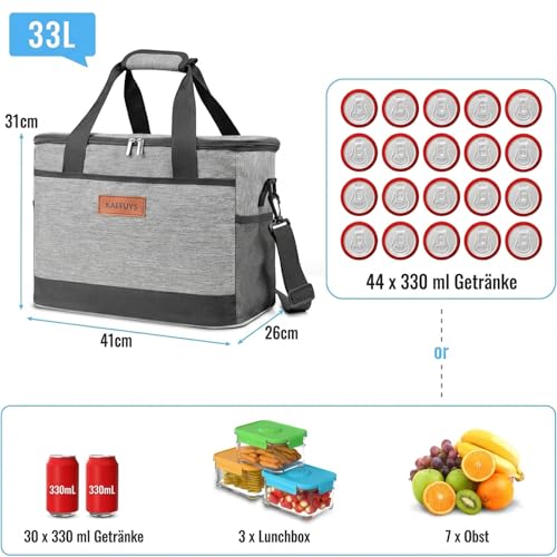 KAEFUYS Kühltasche 33L+14h Kühlung Thermoisoliert Tragbar Faltbar Wasserdicht Groß Picknicktasche für Einkaufen Auto Büro Camping Outdoor Reisen Lebensmitteltransport Proviant Familie Grillen