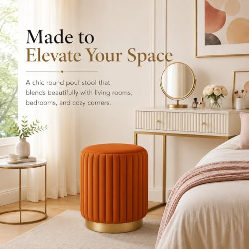 Image of Designer Velvet Round Footstool Ottoman with Sturdy Gold Metal Band Base for Home Decor & Extra Seating, Lightweight Pouf Stool for Sofa Side & Bedroom, 16x16x17 Inch (Orange)