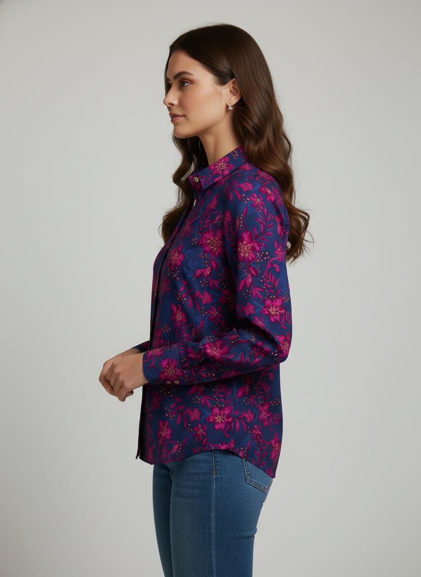 ANNI Designer Bedrucktes Damenhemd aus Baumwollmischgewebe, langärmelig, normale Passform, Hemdkragen, legere Bürokleidung, elegante Western-Kleidung für den Alltag, Hochzeit, Party