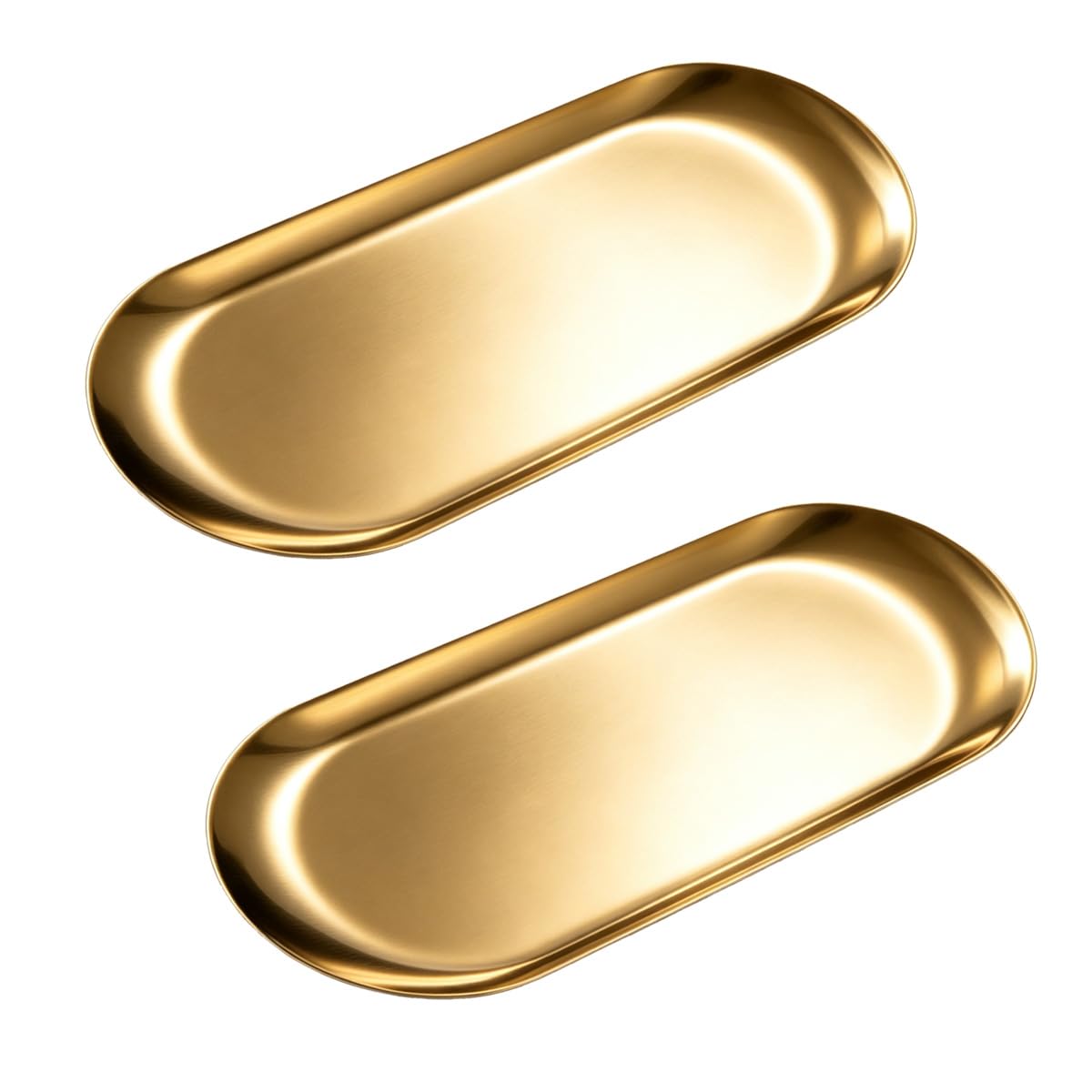2 Pcs Gold Decorative Trays Trinket Dish Small Stainless Steel Oval Ornaments Plate, Vanity Trinket Serving Tray for Jewellery, Cosmetics, Key, Candle, Perfume (Gold, 18×8.5cm)