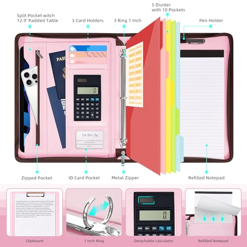 Image of Ospelelf Pink Leather Portfolio Binder 3 Ring, Zippered Clipboard Folder with Storage - 5 Dividers with Pocket, Padfolio for Women,12.1 inch Tablet Sleeve, Refillable Notepad, Card Slot