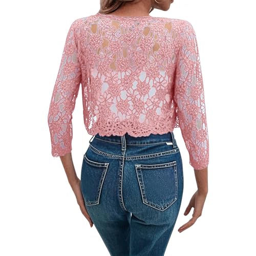 Women's Sheer Floral Lace Shrugs Elegant Dressy 3/4 Sleeve Bolero See Through Open Front Cropped Cardigan for Dress3