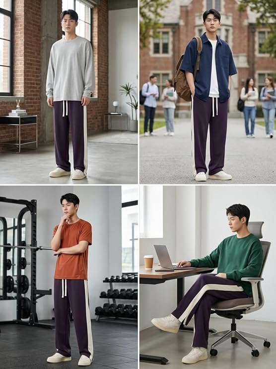 Image of GRECIILOOKS Trouser for Men | Man Relaxed Fit Trousers Twill Track Style | Straight Fit Wide Leg Trousers for Mens with Drawstring Waist | Korean Casual Travel Streetwear Pants