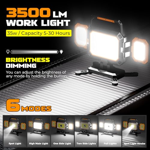 Yzoni 35W Rechargeable Work Light, 3500LM Magnetic LED Work Light with 6 Modes, Battery Powered Portable Mechanic Lights with 360°Rotate Foldable Design for Auto Car, Garage, Workshop - Image 3