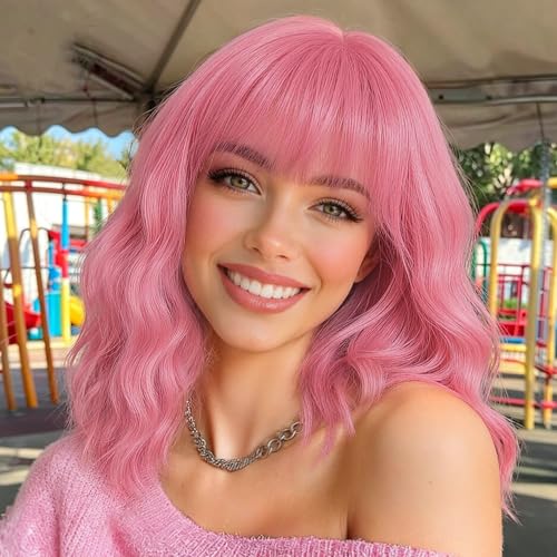 Image of Nnzes Short Wavy Bob Wig with Bangs for Women Shoulder Length Curly Pink Synthetic Heat-Resistant Fiber Hair for Daily & Party Use