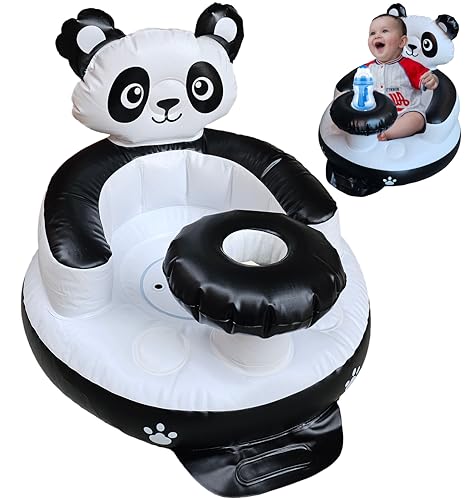 Marwan Sports Inflatable Baby Seat with Tray – Comfortable Sit-Me-Up Chair, Built-in Air Pump, Soft Blow-Up Floor Seat with Back Support for Infants Learning to Sit 3 Months & Up (Panda)