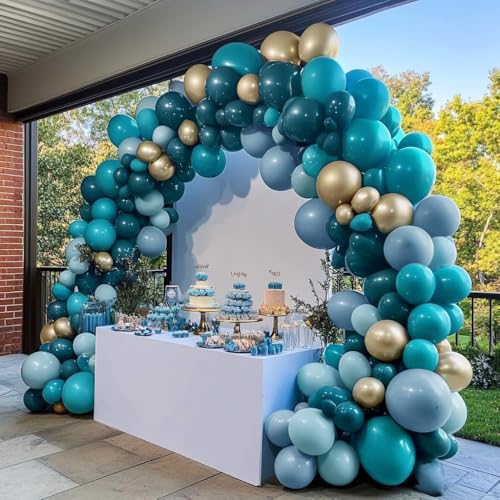 Image of Teal Blue Gold Balloons Double Stuffed Latex Dusty Blue Turquoise Balloon Different Sizes Teal Gold Balloon Garland for Birthday Wedding New Year Anniversary Baby Shower Ocean Party Decor