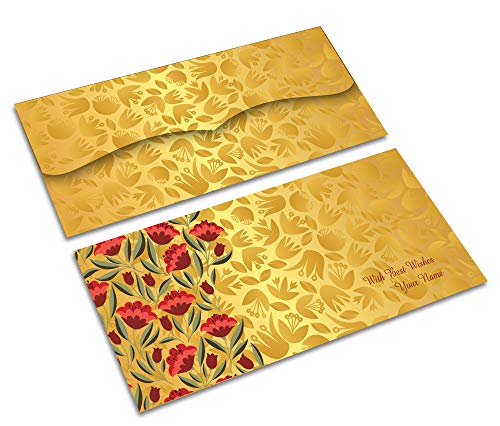 Image of Brown Cloud Customised Exclusive Shagun /Money /Gift Envelope /Cover /Lifafa for Gift /Festival Printed on SELF Design Metallic Card with Personalized Text Message /Name (SESLF GLD Flwr BC 01) (Pack of 10)