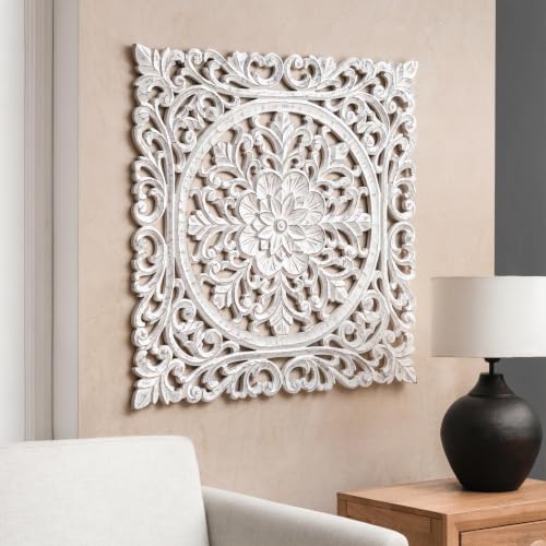 Image of JFY Designs Kaska Hand Carved Wood Medallion Wall Panels Bedroom Decor | Wall Mount Floral Sculpture Wall Art for Living Room, Bedroom Set, White Distressed Finish, Square 36 x 36 inch