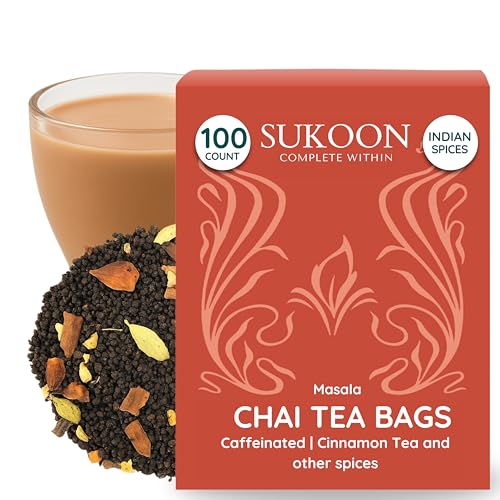Image of Sukoon India's Original Masala Chai Tea bags - 100 Teabags (2g each) - Plant-Based Pyramid Teabags - Organic - Black Tea CTC, Cardamom, Clove, Cinnamon Spices - Sourced from Assam, individually wrapped