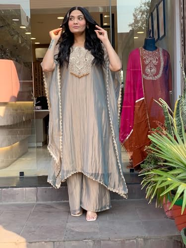 Image of GoSriKi Fendy Glass Embroidered A-Line Kurta with Palazzo for Women | Fendy Glass Grey | Kaftan Sleeve | Round Neck | Ethnic Wear Casual Wear