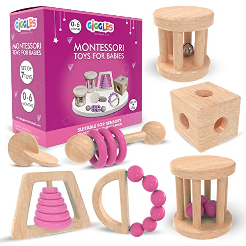 Image of Giggles Montessori Toys for Babies 0-6 Months, Wooden Baby Toy Rattle, Teether, Teethers, Teething for Babies, Natural Wood, Baby Toys, Infant Circle Rattle, Rattles, Baby Wooden Toys 6-12 (Pink)
