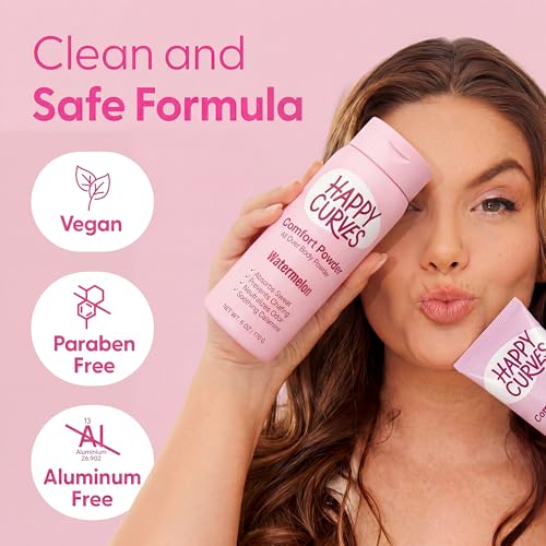Image of HAPPY CURVES Comfort Powder: Talc Free Anti Chafe Body & Foot Dusting Powder Deodorant to Control Inner Thigh Chafing, and Private Areas 6oz (Pack of 1) - Watermelon