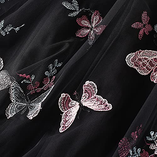 Women's 3D Floral Butterfly Embroidery Tulle Skirts Layered Elastic High Waist Tutu Midi Pleated Mesh A-Line Skirt3