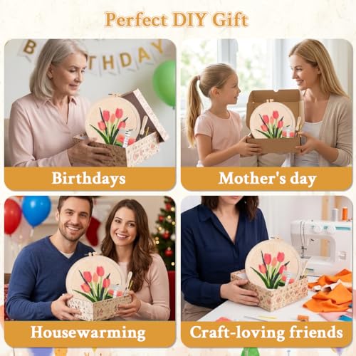 Image of PATPAT 20x20CM DIY Tufting Art Craft Kits Cute Pink Flower Punch Needle Kit Embroidery Kit for Beginners DIY Hoop Embroidery Kit with Punch Needles, Hoop, Handmade Art Kits Gift for Kids Adults