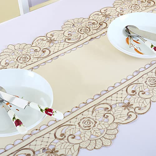 Sourcingmap Flowers Dining Table Runner Embroidered Tassel Light Beige Rose 15x59 Inch, 15"x59" - Image 4