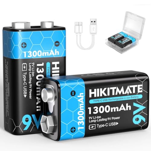HIKITMATE 1300mAh Rechargeable 9V Batteries Lithium USB C 2 Pack