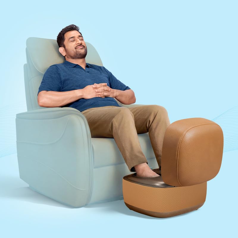 Image of The Sleep Company Wave X Foot Massager with Ottoman | 18 Custom Massage Styles | Shiatsu Rolling & Kneading, Vibration & Heat | 2-in-1 Convertible Design | Lasts up to 10 Sessions| Suede Finish | Tan Leatherette