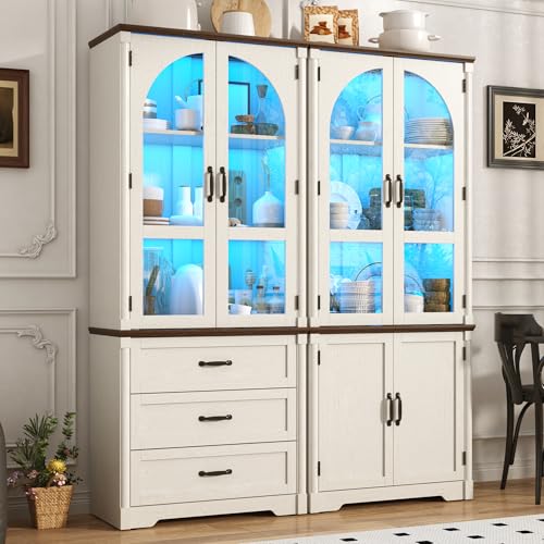 Image of 75 inch Tall Farmhouse Kitchen Pantry Cabinet with LED Lights,4 Doors Wood Storage Cabinet w Arched Glass Doors /Drawers,Pantry Organizers and Storage,Rustic Wood Cupboard for Kitchen,Dining Room(White)