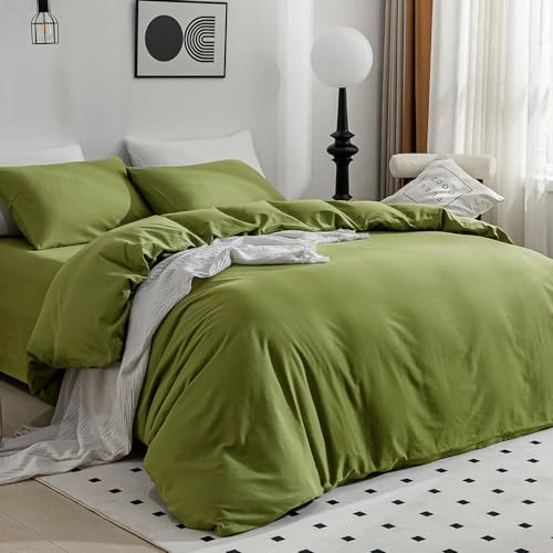 Image of JELLYMONI Christams Duvet Cover Twin Size - 100% Washed Cotton Linen Feel Textured Comforter Cover, 2 Pieces Breathable Soft Bedding Set with Zipper Closure (Avocado Green, Twin 68 inchx90 inch)