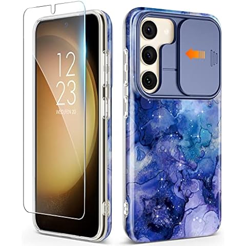 GVIEWIN Designed for Samsung Galaxy S23 Case with Slide Camera Cover with Screen Protector, [10FT Military Shockproof] Marble Anti-Scratch Shockproof Protective Case 5G 6.1" 2023, Starry Blue Cover