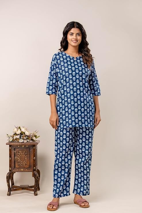 Image of Pure Cotton Printed Night Suit Set | Top Pyjama Set for Women | Night Dress of Kurta Pyjama Set for Women | Kurta Top Set