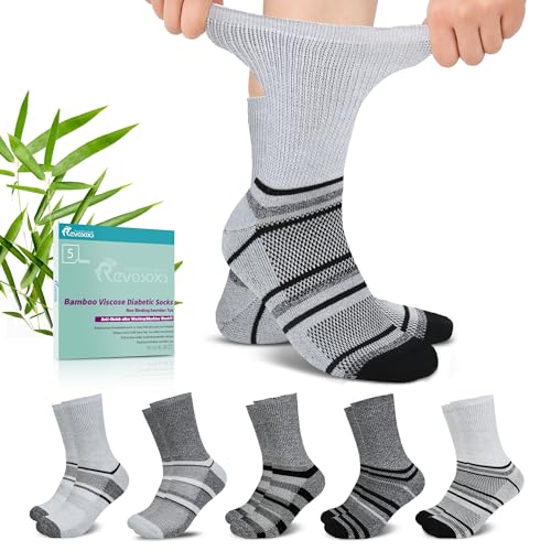 Image of Revosoxs Diabetic Crew Socks for Men Women,Bamboo Viscose Non-Binding Loose Top Wide Socks with Seamless Toe 9-12 10-13