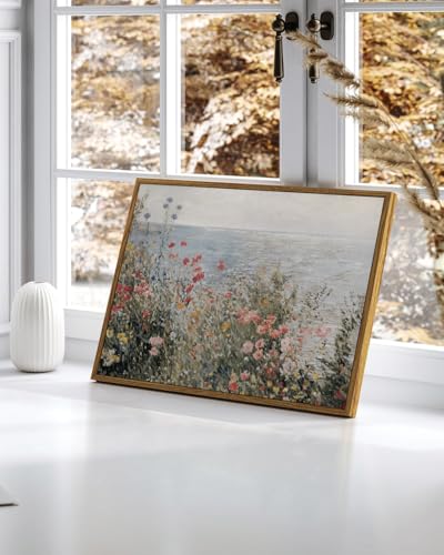 Image of KISSFOX Vintage Framed Wall Art Coastal Wildflowers Canvas Art Prints Rustic Farmhouse Pictures Wall Decor Cottagecore Summer Aesthetic Paintings Artwork For Kitchen Bedroom Living Room Bathroom