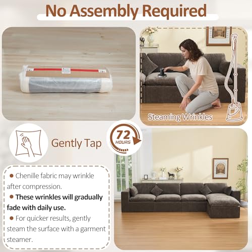 Image of 146''Cloud Boneless Sectional Couch, Modular Sectional Sofa Deep Seat with Ottoman, Oversized Upholstered Convertible Comfy 5 Seater Chenille Sofa L Shape Couches for Living Room, Brown