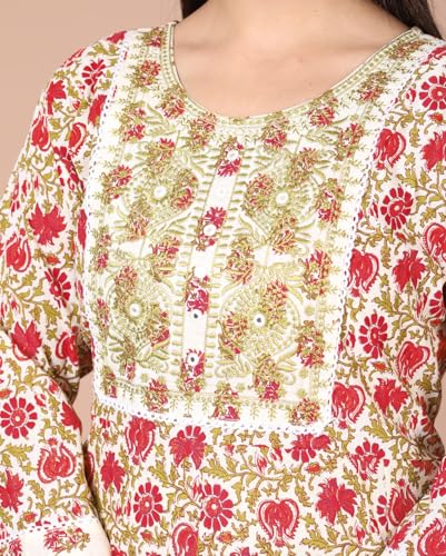 Image of Queens World Women's Anarkali Pure Cotton Floral Printed Kurta Pant Set With Dupatta (M To 2XL- Size)