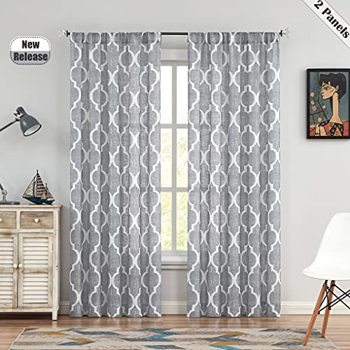 Beauoop Rod Pocket Lattice Moroccan Tile Print Curtains 84 Inches Long Geometric Linen Like Semi Sheer Curtain Window Treatment Set For Living Room Kitchen, Set Of 2, 50 Inch Wide X 84 Inch Long, Gray #TOP20