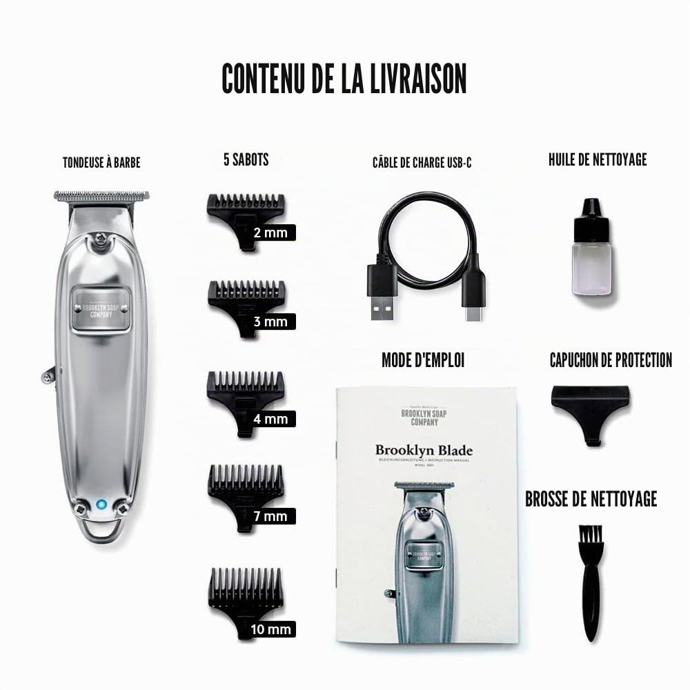 Brooklyn Soap Company Tondeuse à barbe Brooklyn Blade USB-C - Rasoir électrique professionnel pour homme - Acier inoxydable, 5 embouts