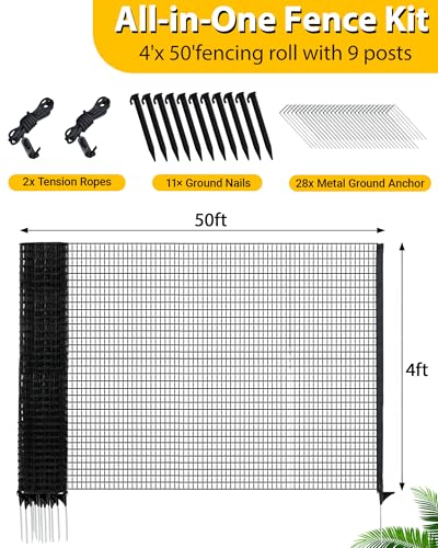 Image of Temporary Fence with Posts, 4'x50' Plastic Fencing Garden Fence Animals Barrier with Fiberglass Stake Windbreak Rope, Portable Snow Fences, Fencing for Dogs Outdoors Backyard (Black)