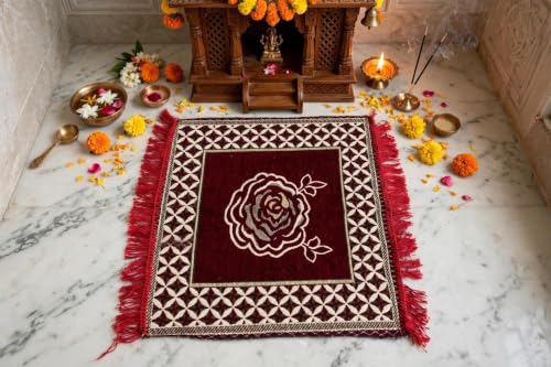 Image of Premium Chenille Puja Asan 24 x 24 Inch Rose Floral Prayer Mat Soft Comfortable Washable Sitting Mat for Mandir Meditation Home Temple