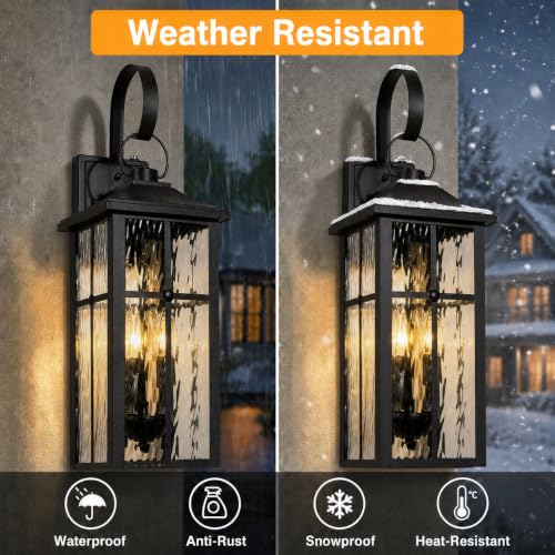 Image of 2 Pack Dusk to Dawn Outdoor Wall Lights, 23.9 inch Black | Waterproof Exterior Lantern with Water Ripple Glass, Modern Wall Light Fixture Mounted, Large Outside Light for Garage Patio