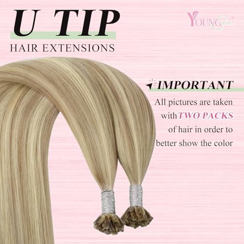 Image of YoungSee U Tip Hair Extensions Human Hair Highlight Golden Blonde and Medium Blonde Ktips Hair Extensions Real Hair 18 Inch U Tips Human Hair Extension Straight K Tip Extension Add Volume 1G /S 50G