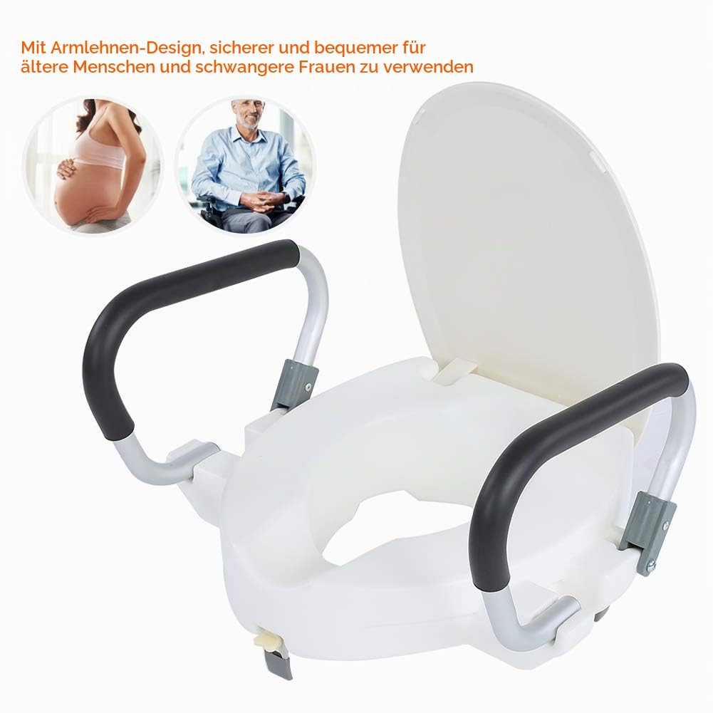 Wakects WC-Sitzerhöhung mit Griffen Toilettensitzerhöhung10 cm erhöhter Toilettensitz mit abnehmbarem gepolstertem gepolstertem Arm,Ideal für Behinderte ältere Schwangere Frauen