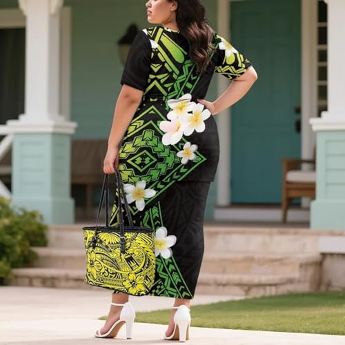 Image of Puletasi Samoan Traditional 2 Piece Outfits for Women Short Sleeve Crop Top and Maxi Skirt Sets Puletasi Dress