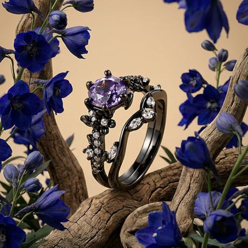 Image of Jeulia 2PCS Wedding Ring Set for Women 1.5 ct Black Thorn Purple Rose Cut 925 Sterling Silver Gothic Bat Design Engagement Ring Vintage Jewelry with Gift Box