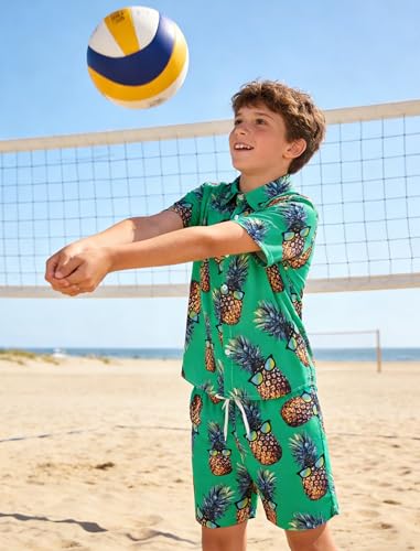 Image of UNICOMIDEA Boys Hawaiian Outfits Tropical Print Button Down Shirt + Swim Trunks 2 Piece Sets for 5-12T Kids
