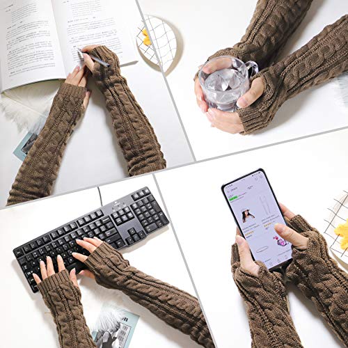 Bellady Girls Cable Knit Cold Weather Outdoor Warm Knitting Arm Warmers Sleeves Long Gloves, One Size Khaki #TOP5