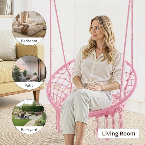 Image of Garpans Hammock Chair Swing Set of 2 Bohemian Style Macrame Hammock with Tassels Hanging Swing Chair Handmade Knitted Cotton Rope for Indoor Outdoor Bedroom Patio Max 330 LBS Pink