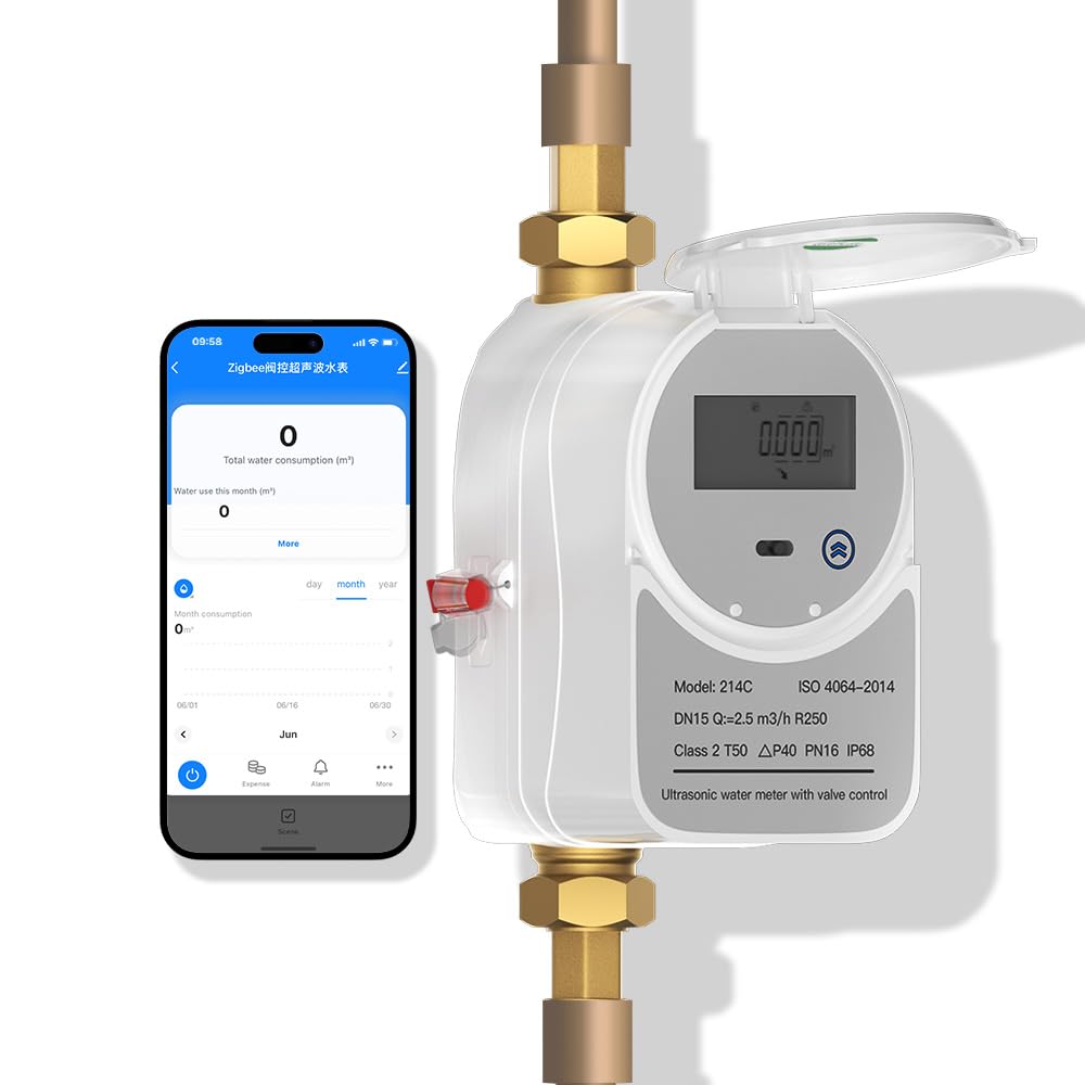 Contador de agua inteligente ZigBee con válvula de cierre y pantalla LCD 214C - Funciona con Tuya Smart y Home Assistant, alimentado por batería, monitoreo remoto del flujo, se requiere un hub ZigBee