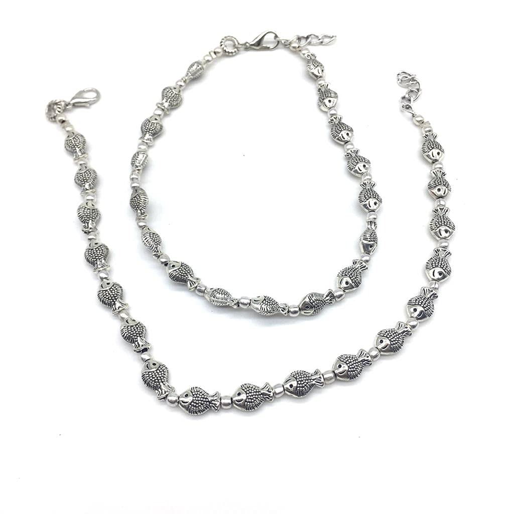 Digital Women's Traditional Jewellery Silver Plated Anklets Fashion Designer Indian Style Alloy Metal Fancy German Antique Oxidised Silver Beaded Fish Anklet Payal/Pazeb Pair Foot Jewelry for Girls-image-43