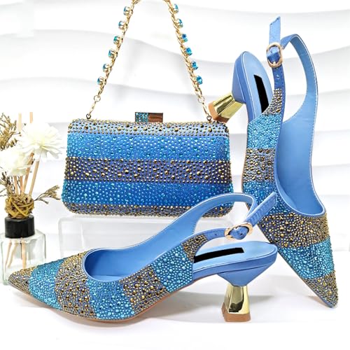 Women Stylish Sky Blue Embellished Satin Pointy Toe Pumps and Clutch Bag2