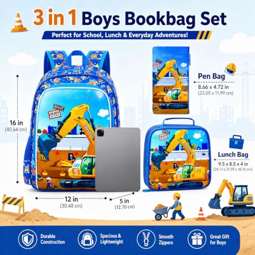 Image of HPJGD 3PCS Excavator Backpack for Boys, Water Resistant Kids Digger Bookbag Set with Lunch Box, Cute School Bag for Preschool Toddler