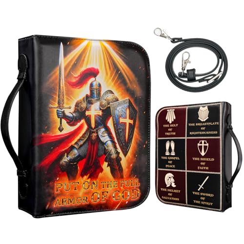 MINDANCHOR Bible Cover Case for Boys Men Kids Armor of God Leather Bible Carrying Case Bag with Detachable Shoulder Strap Ephesians 6 Christian Religious Gifts XL