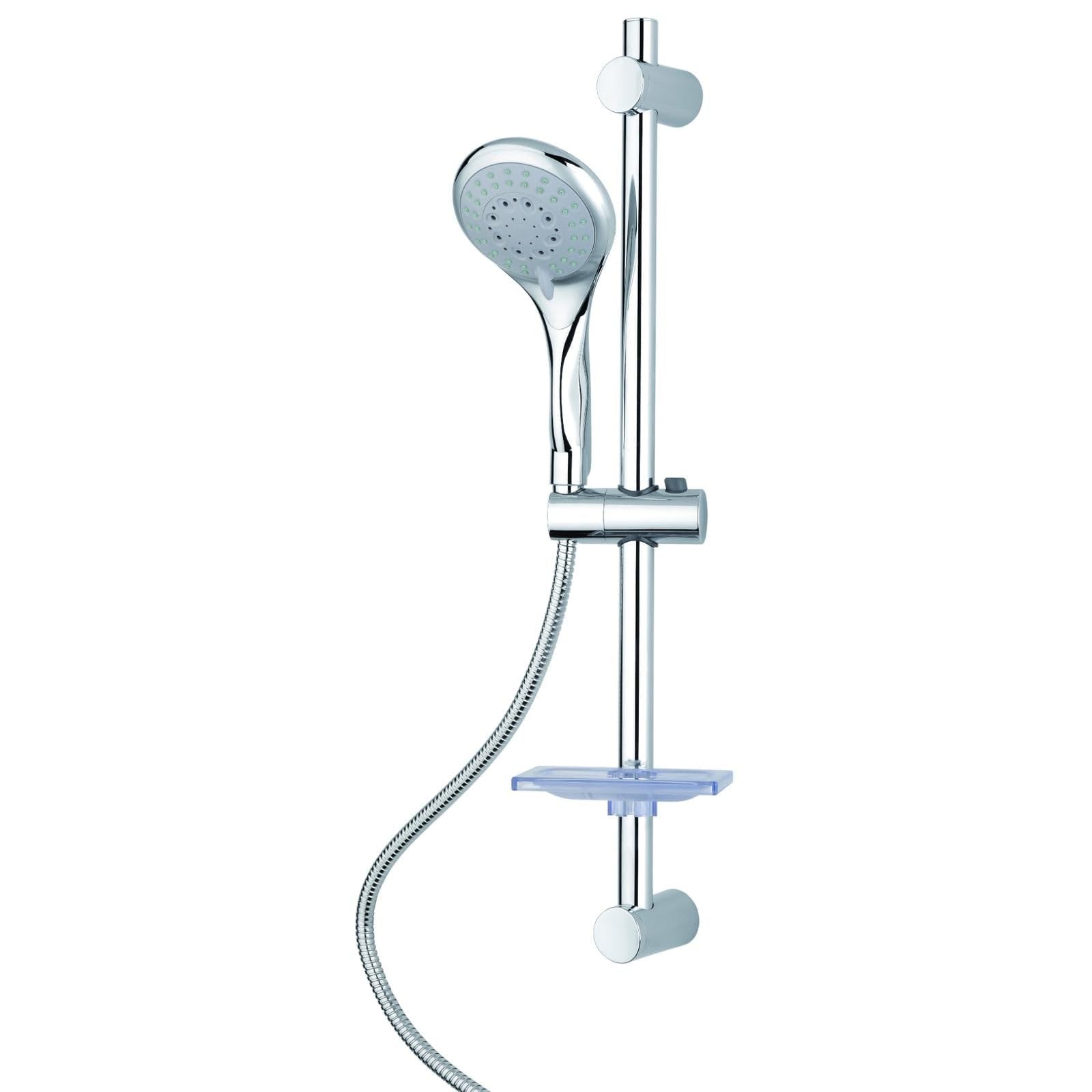 Set doccia saliscendi con doccetta multigetto, asta regolabile, soffione anticalcare, portasapone – attacco universale 1/2 realizzato in Acciaio e ABS - Cromato - 12x12x66 cm