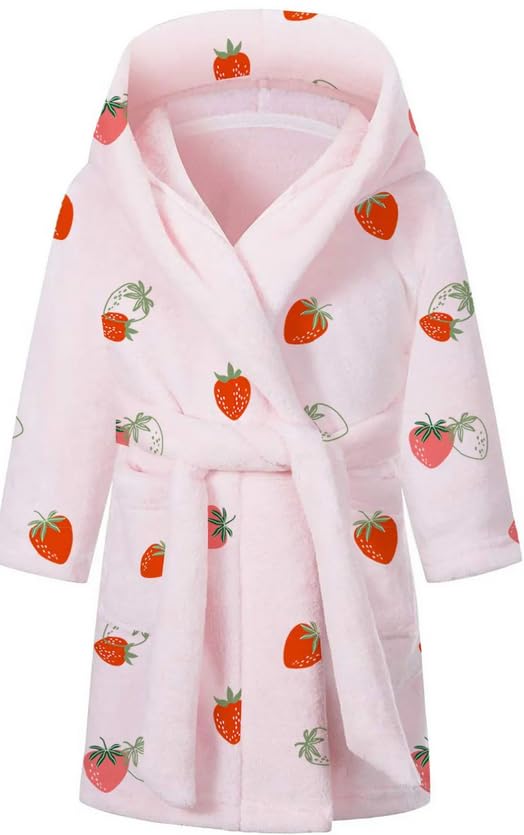 Umeyda Girls Robe Soft Plush Cute Hooded Flannel Robe With Pockets Warm Bathrobe for Toddler Little Big Girls Boys Pink Red Strawberry 6 Years = Tag 140
